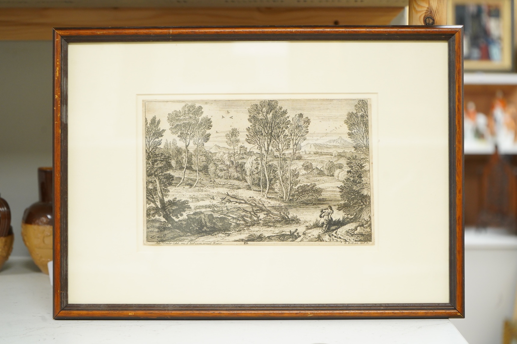 After Jonas Umbach the elder (German, 1624–1693), ‘Italian Landscape with Ruins’, etching and after Adriaen van der Cabel (Dutch, 1631-1705), Landscape with woman Walking Along the River’, etching, largest 15 x 23cm